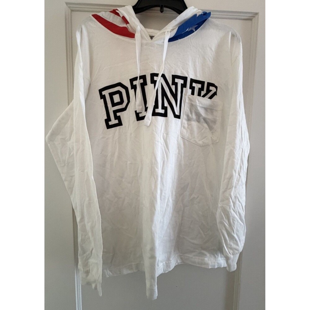 Victoria's Secret Pink Americana Hooded Campus Long Sleeve Tee Red White Blue
